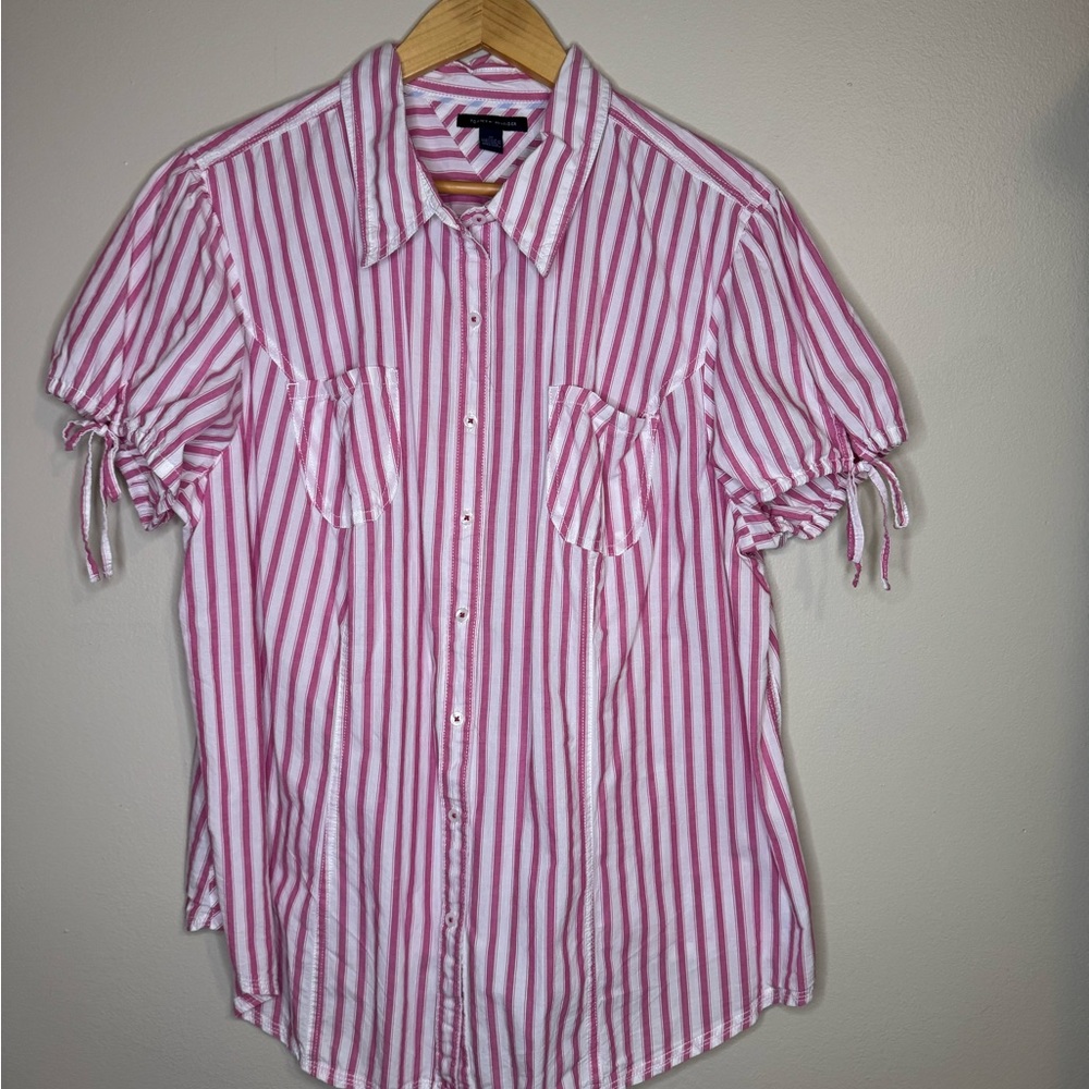 Tommy Hilfiger‎ Pink White Striped Short Sleeve Button Up Shirt Size 22